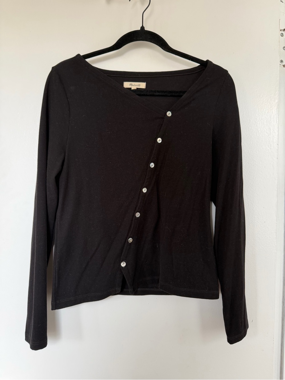 Madewell Black Asymmetrical Button-Front Long Sleeve Top